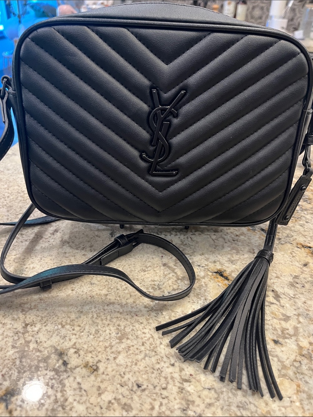 Mirror Image Saint Laurent Black Quilted Chevron Camera Bag with Tassel